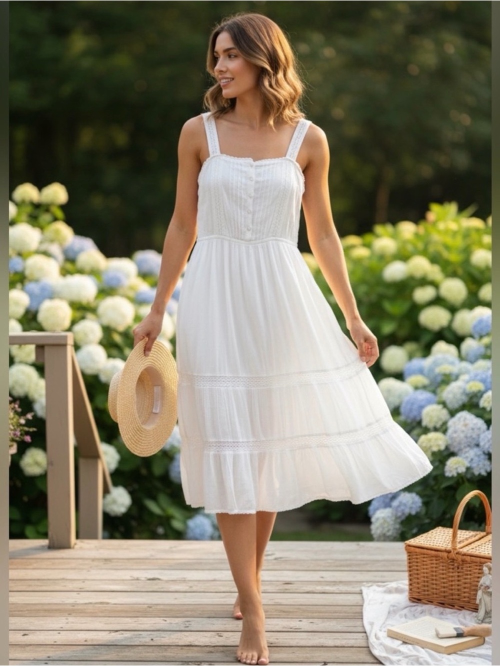 Aerie White Lace Pintucked Button Tiered Midi Dress Size Large NWT